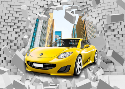 Флис Фототапет 3D разбита тухлена стена, жълта кола